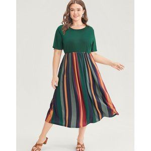 BloomChic Striped Contrast Pocket Patchwork Ruffle Hem Midi Dress 18-20/2X